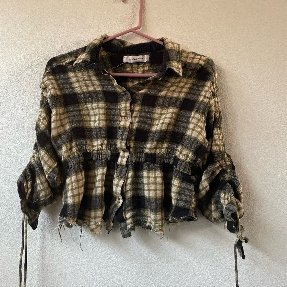 Free People Olive Green Black Plaid Long Sleeve Crop Button-Up